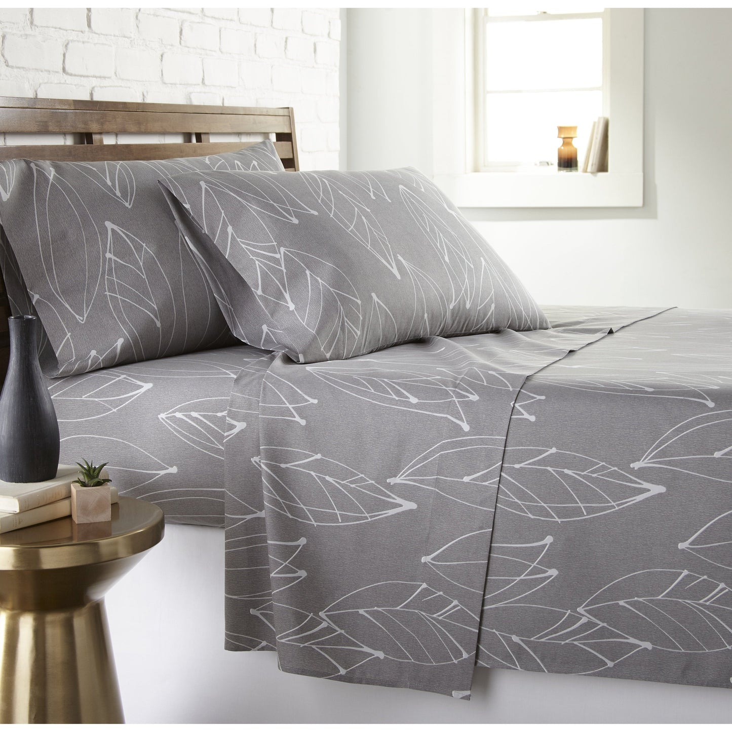 Botanical Printed Microfiber Sheet Set, Grey